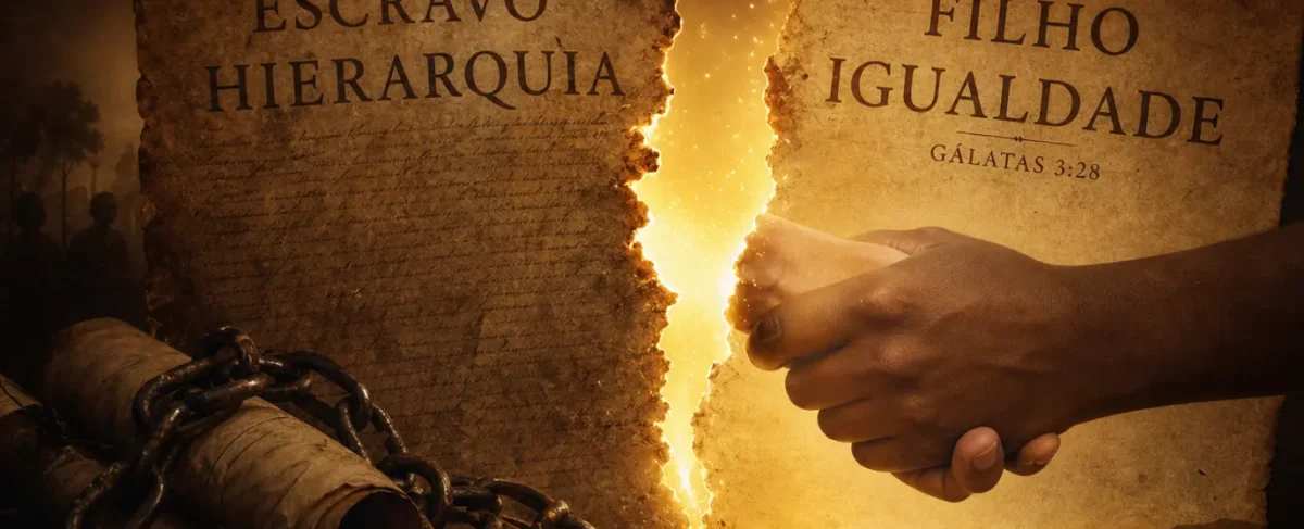 Carta antiga rasgada revelando luz dourada — símbolo do Evangelho que rompe com a escravidão e proclama igualdade cristã